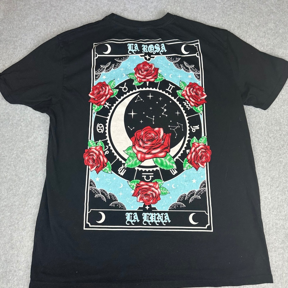 Recycled Threads Mens XL Black Tarot Rose La Rosa La‎ Luna Graphic T-Shirt